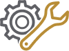 Icon of a gray gear overlapped by a yellow wrench on a black background, symbolizing tools, maintenance, or mechanical work.