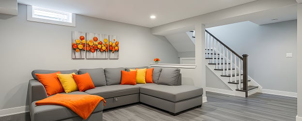 A modern basement with gray walls features a gray sectional sofa adorned with vibrant orange and yellow pillows. There is a staircase with dark railings, and a colorful flower painting hangs on the wall. The space is well-lit and inviting.