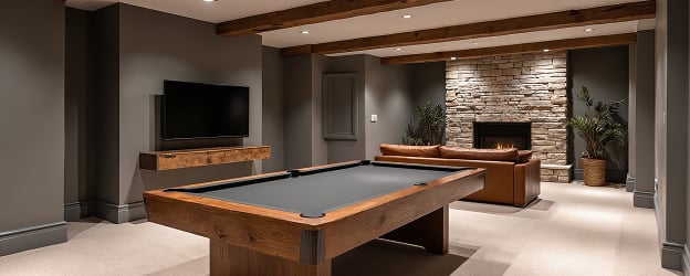 A modern home gym featuring a treadmill, exercise bike, and weights. It's warmly lit, with wooden accents, houseplants, and a staircase nearby.