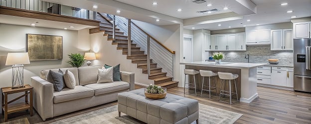 Modern open-concept living room and kitchen. Cozy sofa, wooden staircase, elegant lighting, and a sleek kitchen with a breakfast bar create a warm atmosphere.