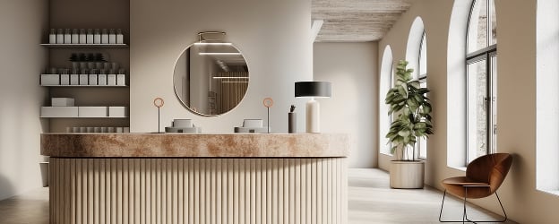 A modern interior of a reception area featuring a circular mirror, a curved desk with ribbed detailing, shelves with neatly arranged products, large windows allowing natural light in, and a potted plant beside an elegant chair.